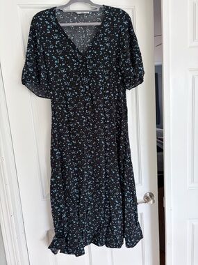 Mango Black Midi Dress with Light Blue Floral Print